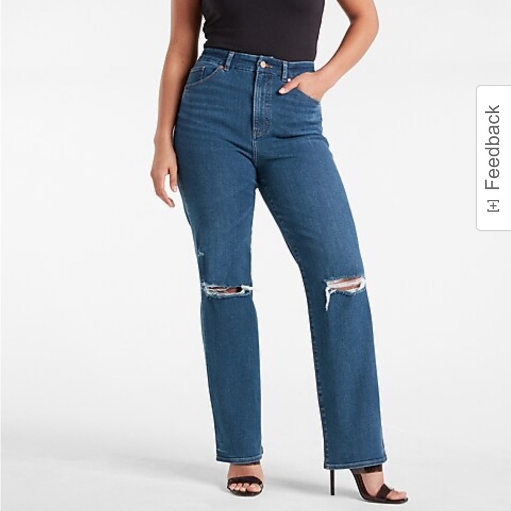 Express Super High Waisted FlexX Dark Wash Ripped Modern Straight Jeans NWT